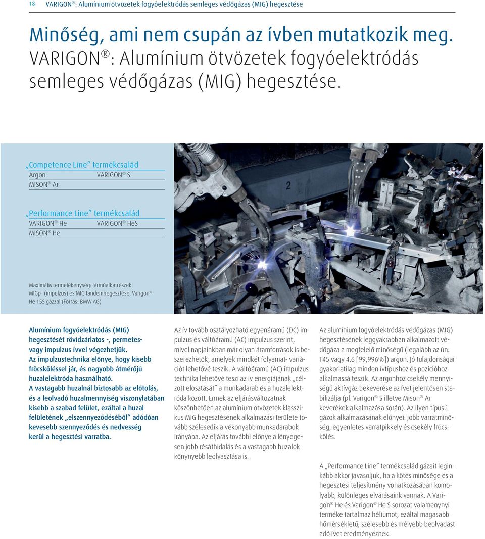 Competence Line termékcsalád Argon VARIGON S MISON Ar Performance Line termékcsalád VARIGON He VARIGON HeS MISON He Maximális termelékenység: járműalkatrészek MIGp- (impulzus) és MIG