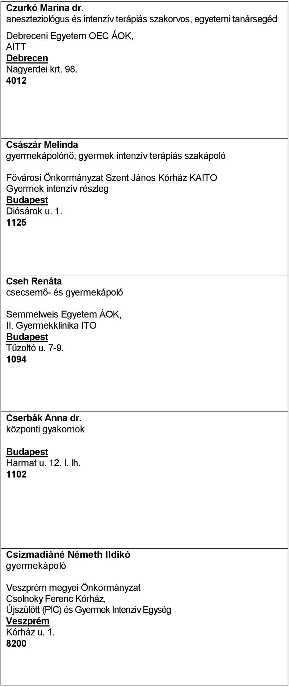 Diósárok u. 1. 1125 Cseh Renáta csecsemő- és gyermekápoló Semmelweis Egyetem ÁOK, II. Gyermekklinika ITO Tűzoltó u. 7-9. 1094 Cserbák Anna dr.