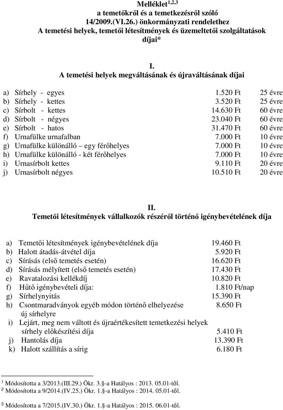 040 Ft 60 évre e) Sírbolt - hatos 31.470 Ft 60 évre f) Urnafülke urnafalban 7.000 Ft 10 évre g) Urnafülke különálló egy férőhelyes 7.000 Ft 10 évre h) Urnafülke különálló - két férőhelyes 7.