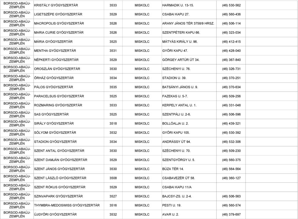 (46) 428-040 NÉPKERTI GYÓGYSZERTÁR 3529 MISKOLC GÖRGEY ARTÚR ÚT 34. (46) 367-840 OROSZLÁN GYÓGYSZERTÁR 3530 MISKOLC SZÉCHENYI U. 76. (46) 326-731 ŐRHÁZ GYÓGYSZERTÁR 3534 MISKOLC STADION U. 39.