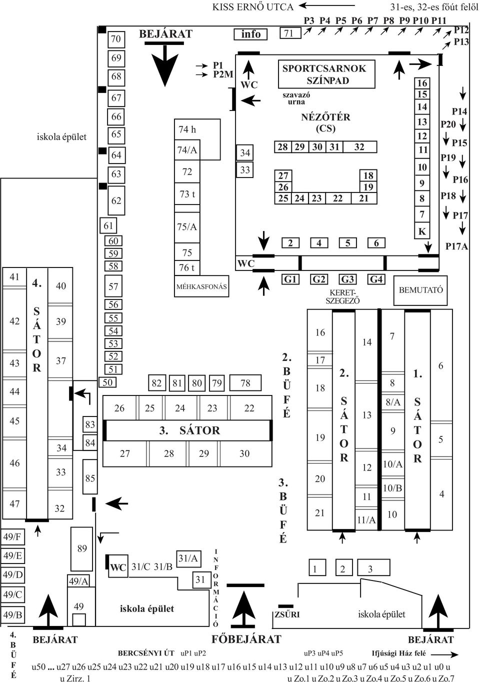 SÁTOR 27 28 29 31/C 31/B 74 h 74/A 72 73 t 75/A 75 76 t KISS ERNŐ UTCA P1 P2M MÉHKASFONÁS 31/A 31 23 I N F O R M Á C I Ó info WC 34 33 WC 82 81 80 79 78 SPORTCSARNOK SZÍNPAD szavazó urna ZSŰRI 31-es,