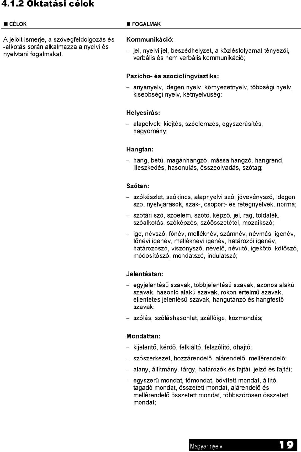 többségi nyelv, kisebbségi nyelv, kétnyelvűség; Helyesírás: alapelvek: kiejtés, szóelemzés, egyszerűsítés, hagyomány; Hangtan: hang, betű, magánhangzó, mássalhangzó, hangrend, illeszkedés, hasonulás,