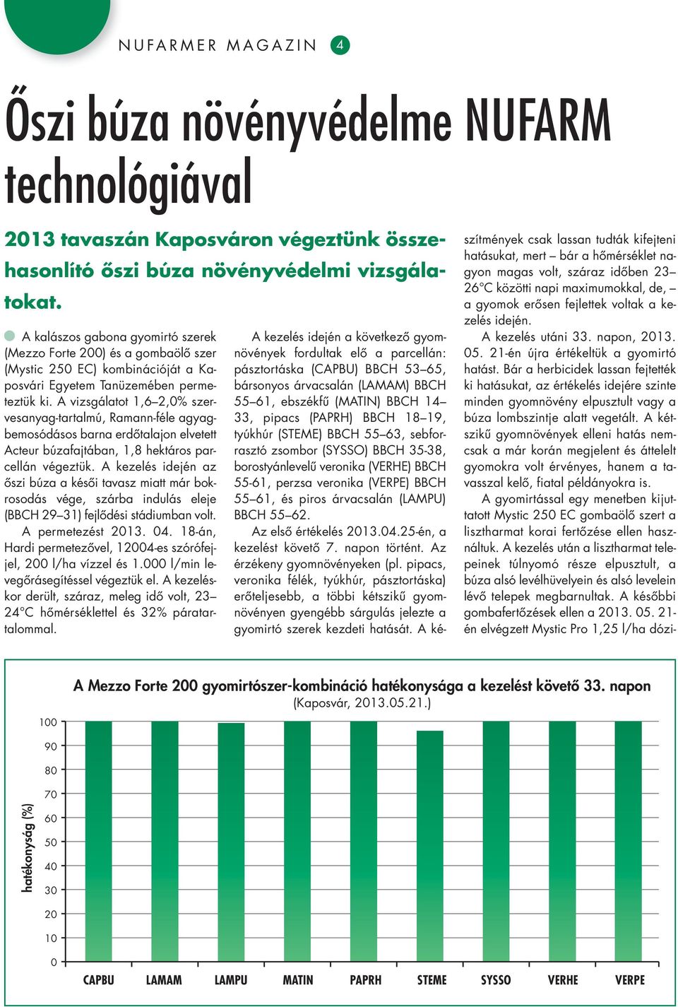 A vizsgálatot 1,6 2,0% szer - vesanyag-tartalmú, Ramann-féle agyag - be mosódásos barna erdôtalajon elvetett Acteur búzafajtában, 1,8 hektáros parcel lán végeztük.