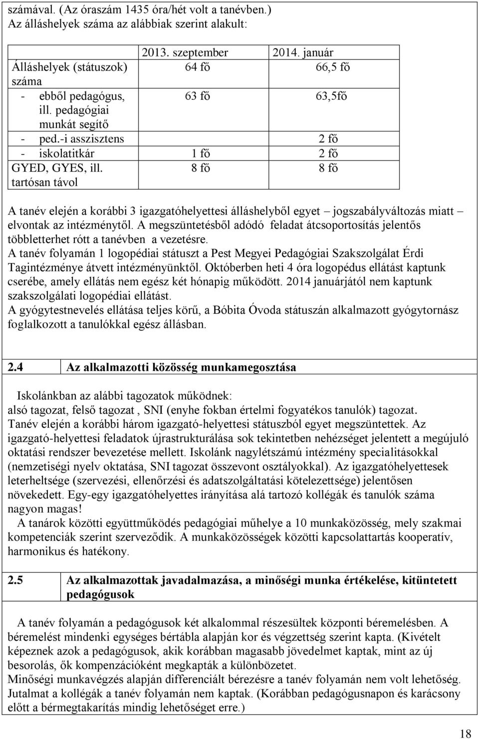 tartósan távol 8 fő 8 fő A tanév elején a korábbi 3 igazgatóhelyettesi álláshelyből egyet jogszabályváltozás miatt elvontak az intézménytől.