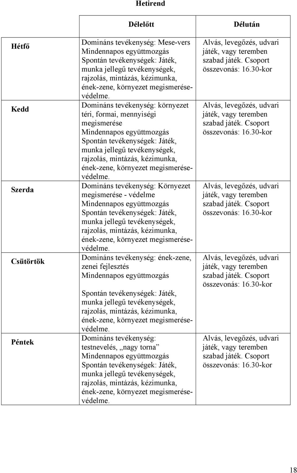 Domináns tevékenység: környezet téri, formai, mennyiségi megismerése Mindennapos együttmozgás Spontán tevékenységek: Játék, munka jellegű tevékenységek, rajzolás, mintázás, kézimunka,  Domináns