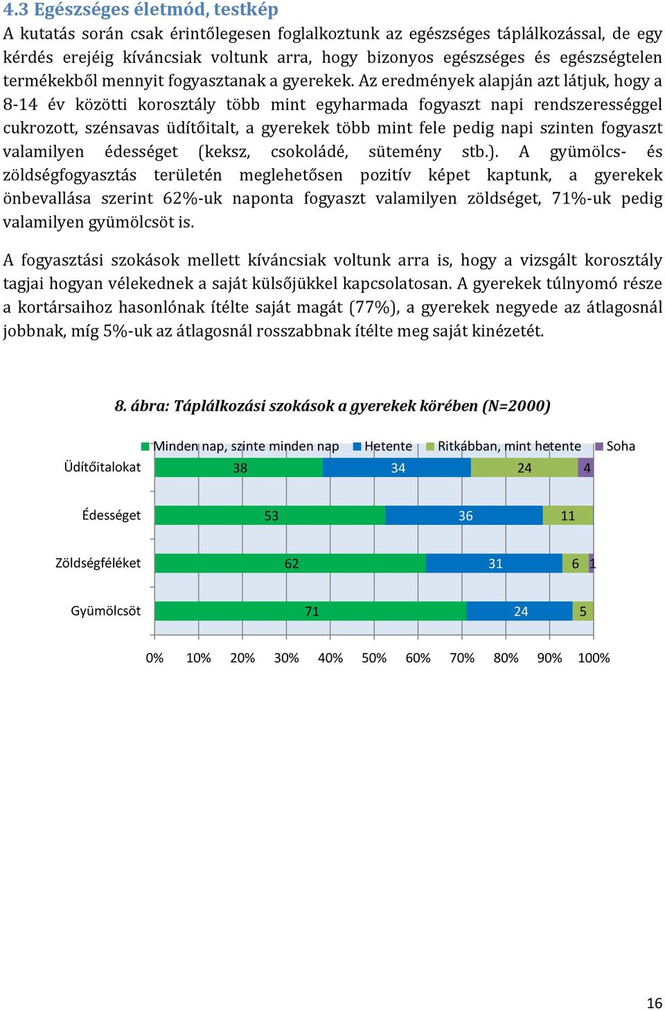 Az eredmények alapján azt látjuk, hogy a 8-14 év közötti korosztály több mint egyharmada fogyaszt napi rendszerességgel cukrozott, szénsavas üdítőitalt, a gyerekek több mint fele pedig napi szinten