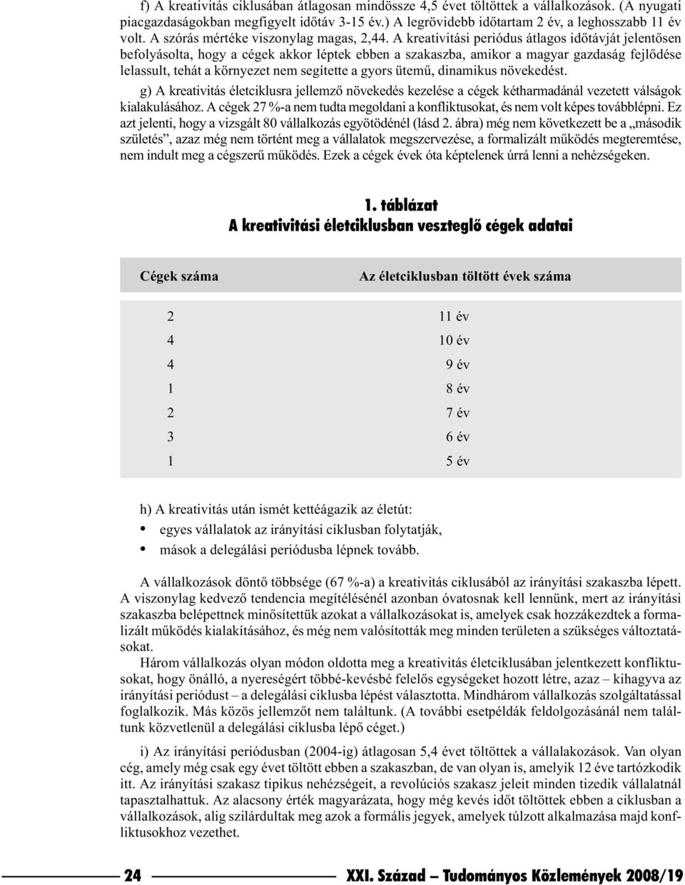 A kreativitási periódus átlagos idõtávját jelentõsen befolyásolta, hogy a cégek akkor léptek ebben a szakaszba, amikor a magyar gazdaság fejlõdése lelassult, tehát a környezet nem segítette a gyors