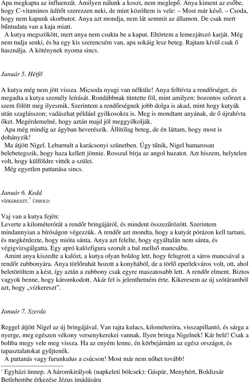 Eltörtem a lemezjátszó karját. Még nem tudja senki, és ha egy kis szerencsém van, apa sokáig lesz beteg. Rajtam kívül csak ő használja. A köténynek nyoma sincs. Január 5.