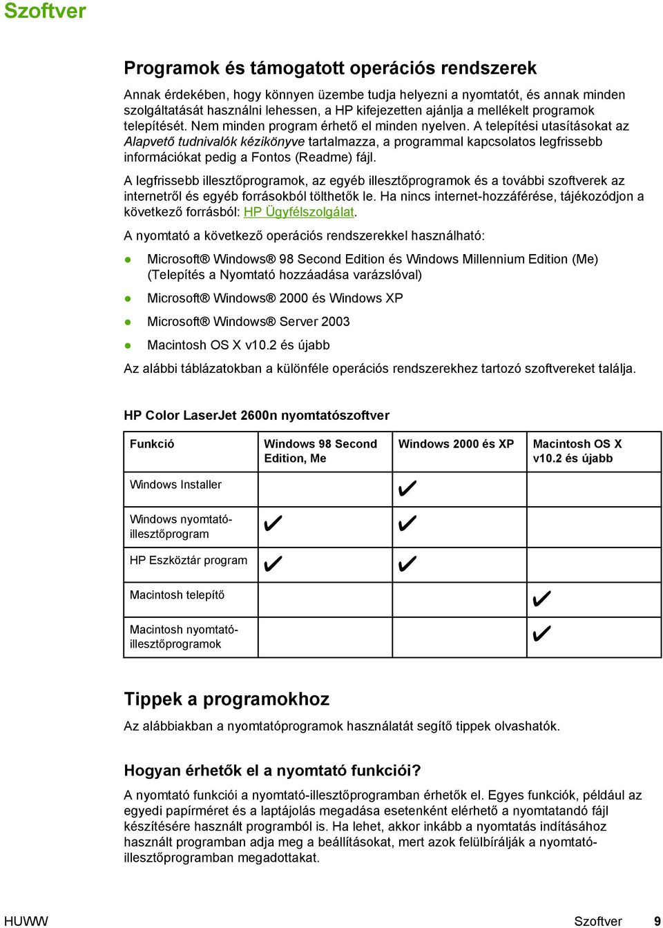 A telepítési utasításokat az Alapvető tudnivalók kézikönyve tartalmazza, a programmal kapcsolatos legfrissebb információkat pedig a Fontos (Readme) fájl.