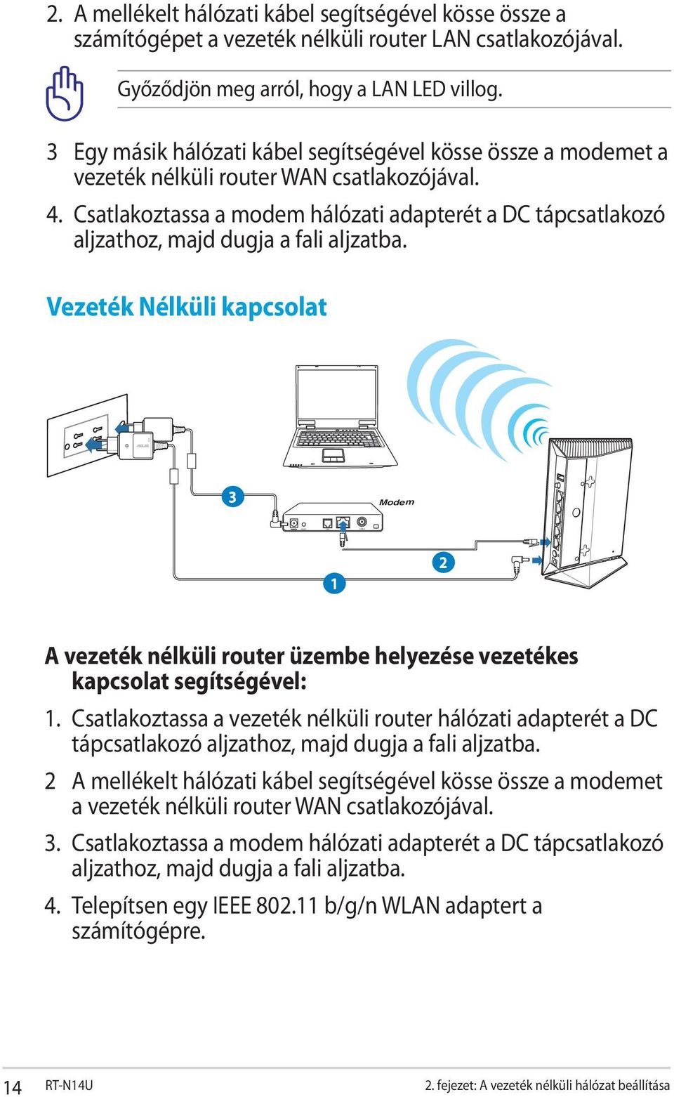 Csatlakoztassa a modem hálózati adapterét a DC tápcsatlakozó aljzathoz, majd dugja a fali aljzatba.