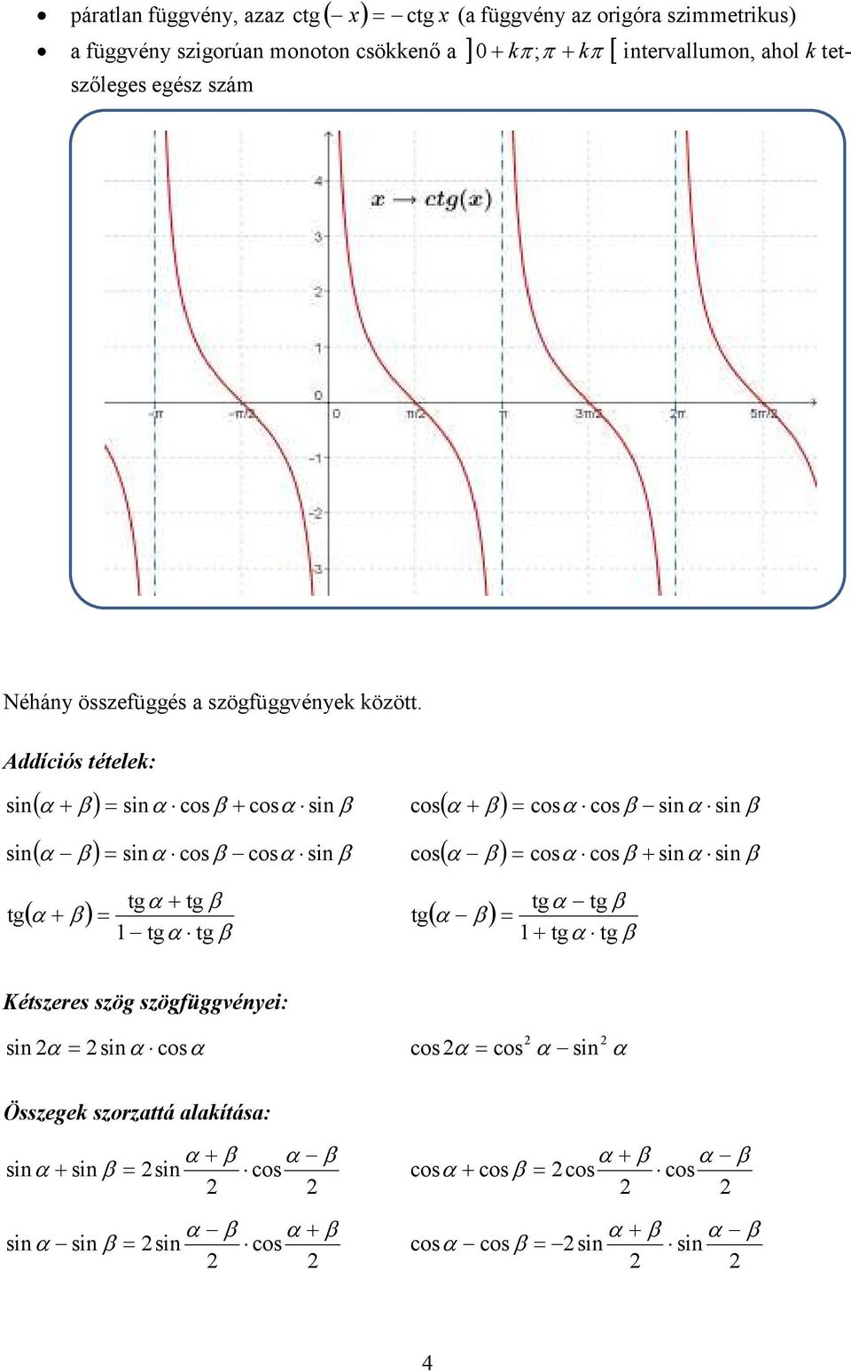 ( α β) sinα cosβ cosα sinβ cos( α β) cosα cosβ + sinα sinβ tgα + tgβ tgα tgβ ( α + β) tg( α β) tgα tgβ + tgα tgβ Kétszeres szög szögfüggvényei: sin α sinα