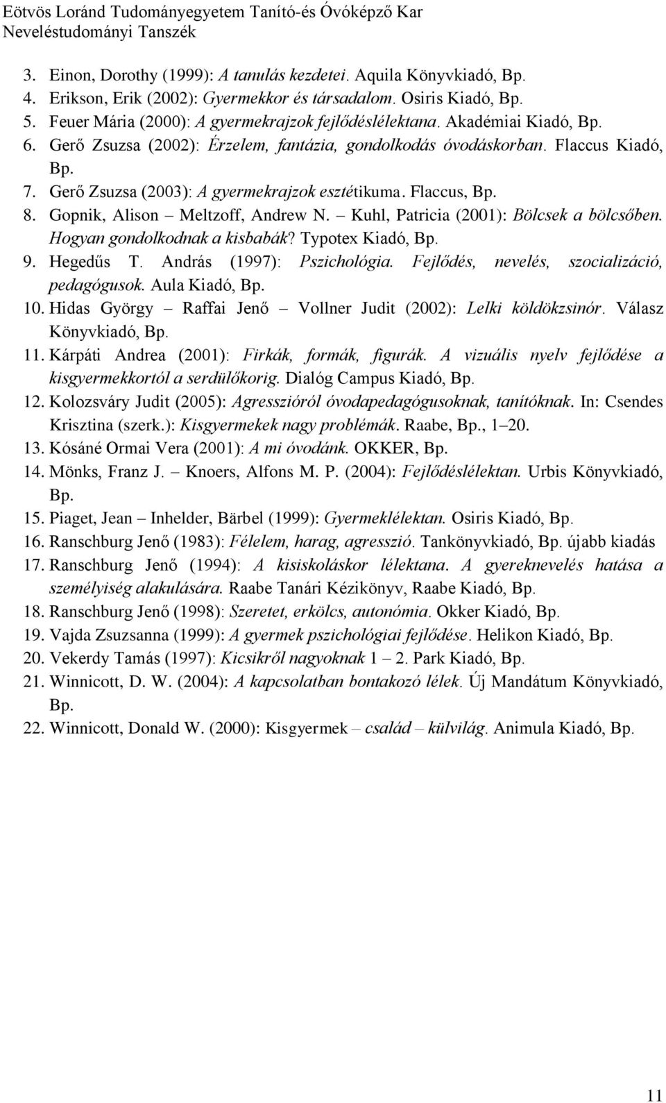 Gopnik, Alison Meltzoff, Andrew N. Kuhl, Patricia (2001): Bölcsek a bölcsőben. Hogyan gondolkodnak a kisbabák? Typotex Kiadó, Bp. 9. Hegedűs T. András (1997): Pszichológia.