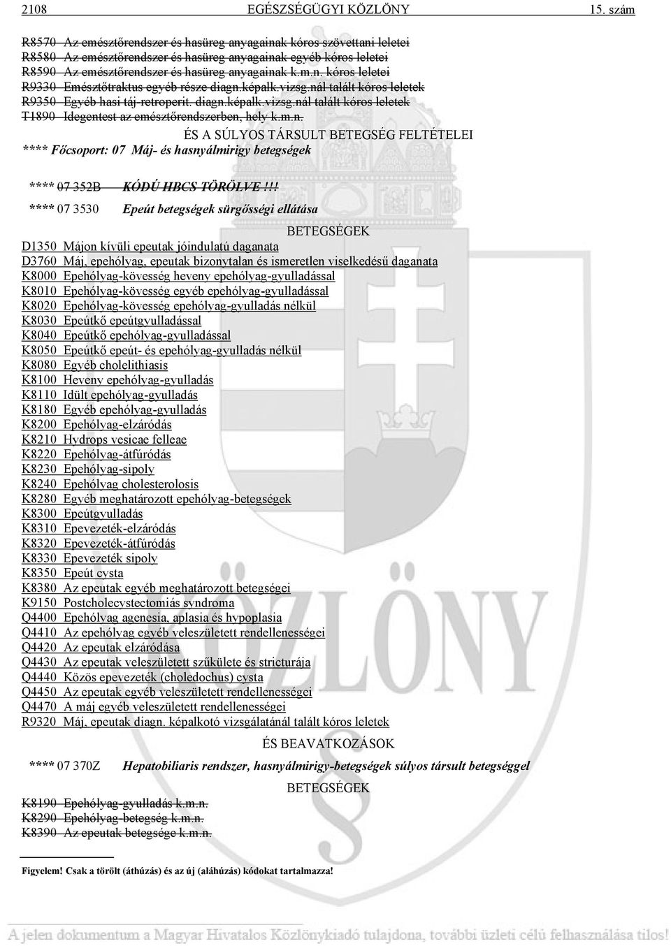 képalk.vizsg.nál talált kóros leletek R9350 Egyéb hasi táj-retroperit. diagn.képalk.vizsg.nál talált kóros leletek T1890 Idegentest az emésztőrendszerben, hely k.m.n. ÉS A SÚLYOS TÁRSULT BETEGSÉG FELTÉTELEI **** Főcsoport: 07 Máj- és hasnyálmirigy betegségek **** 07 352B KÓDÚ HBCS TÖRÖLVE!