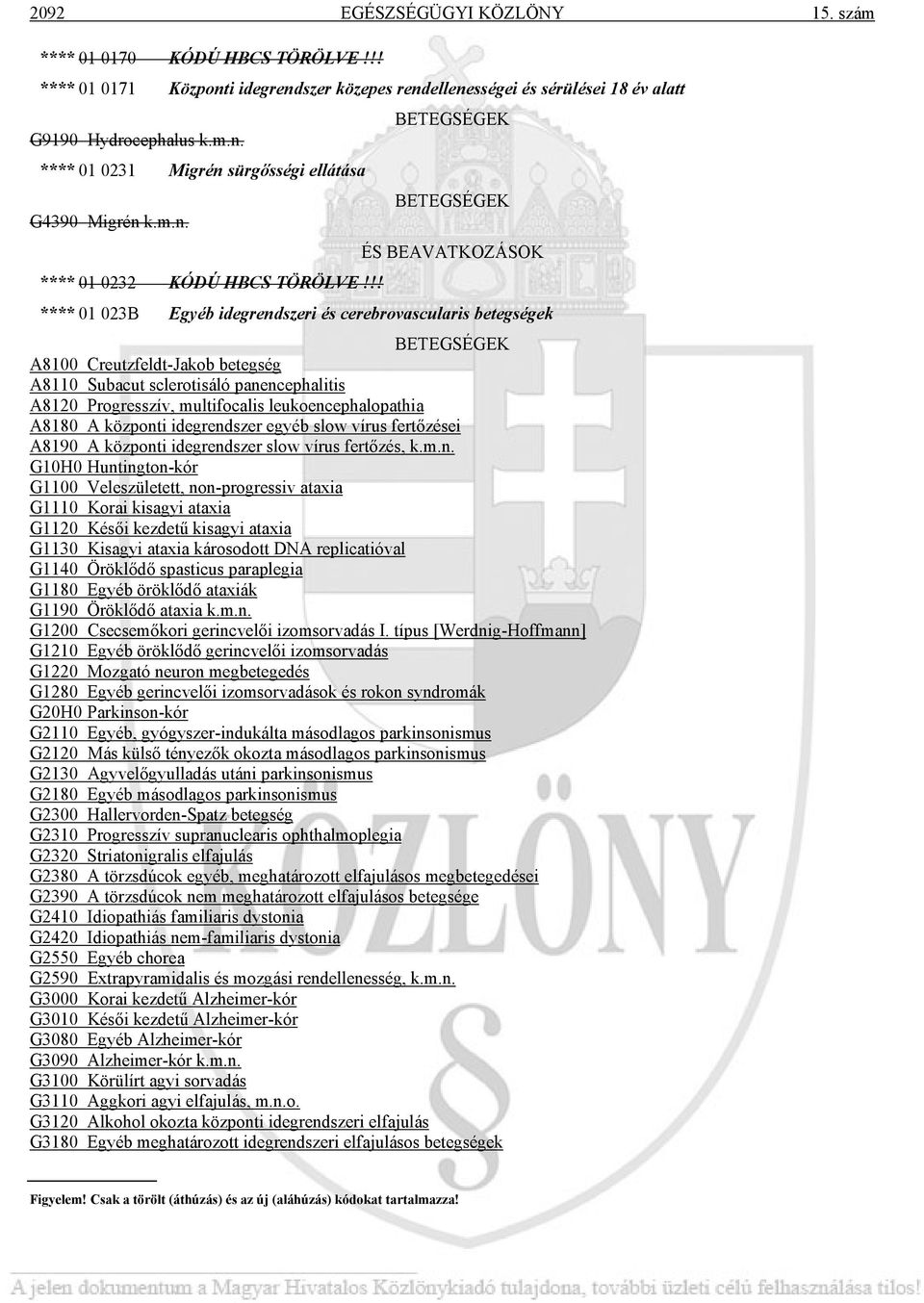 !! ÉS BEAVATKOZÁSOK **** 01 023B Egyéb idegrendszeri és cerebrovascularis betegségek A8100 Creutzfeldt-Jakob betegség A8110 Subacut sclerotisáló panencephalitis A8120 Progresszív, multifocalis