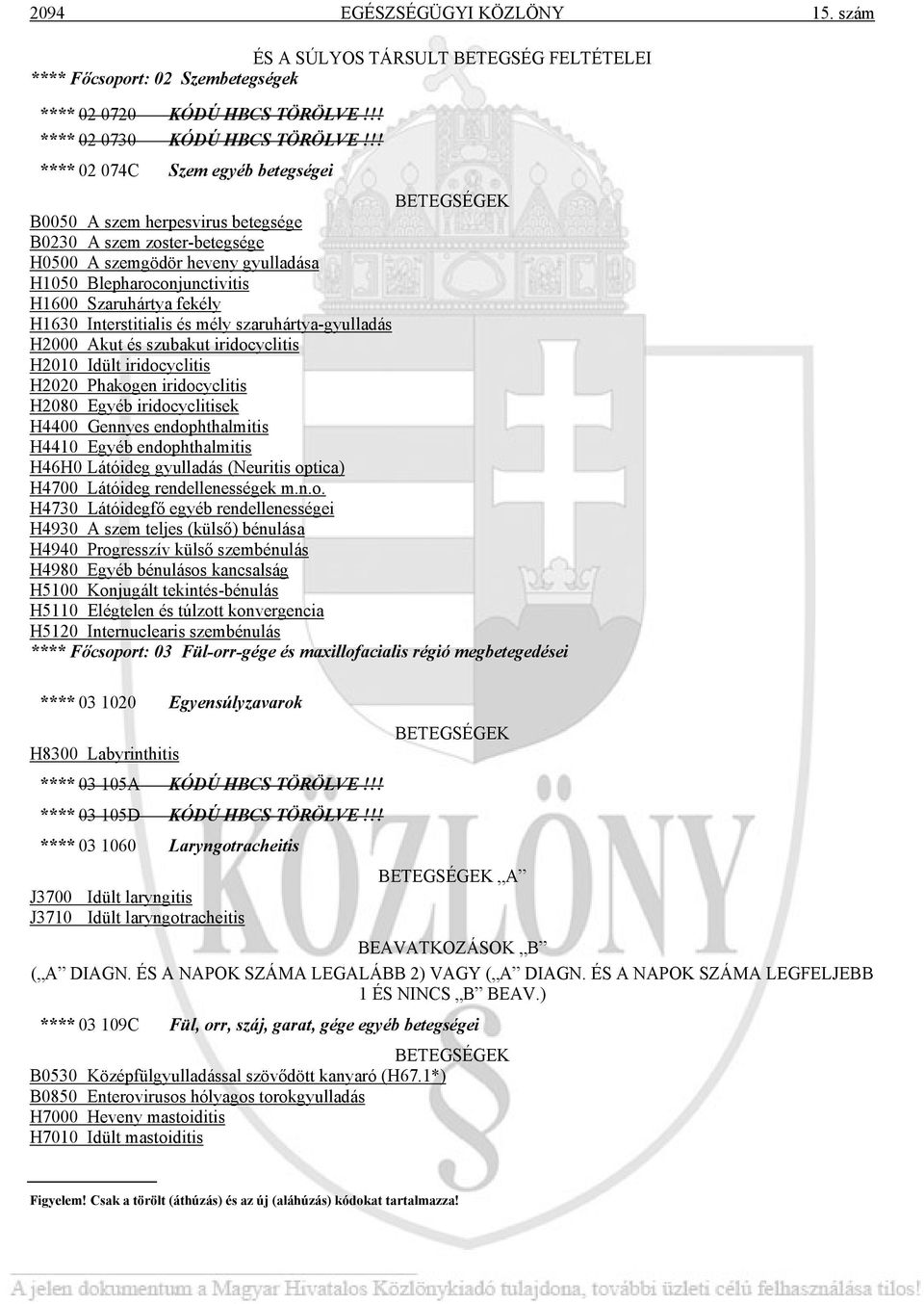 Interstitialis és mély szaruhártya-gyulladás H2000 Akut és szubakut iridocyclitis H2010 Idült iridocyclitis H2020 Phakogen iridocyclitis H2080 Egyéb iridocyclitisek H4400 Gennyes endophthalmitis