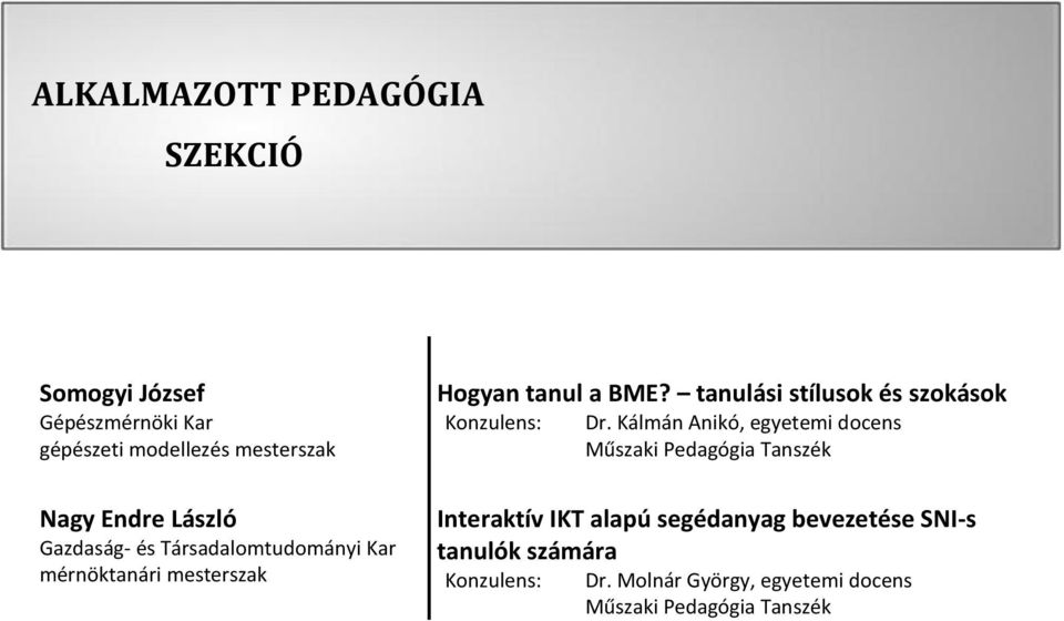 Kálmán Anikó, egyetemi docens Műszaki Pedagógia Tanszék Interaktív IKT alapú