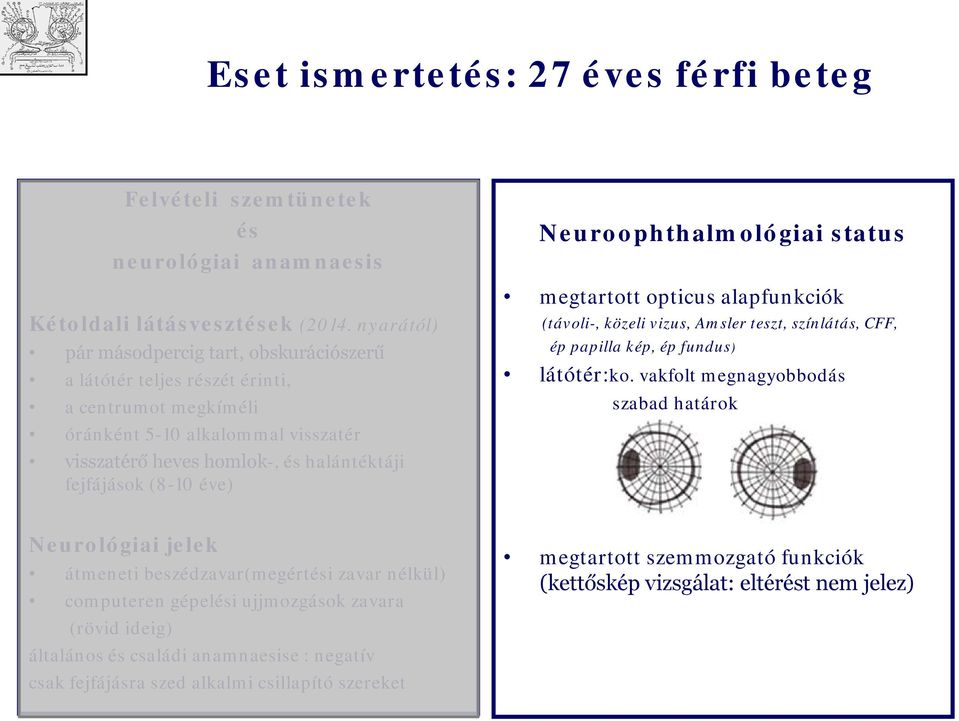 éve) Neurphthalmlógiai status megtarttt pticus alapfunkciók (távli-, közeli vizus, Amsler teszt, színlátás, CFF, ép papilla kép, ép fundus) látótér:k.