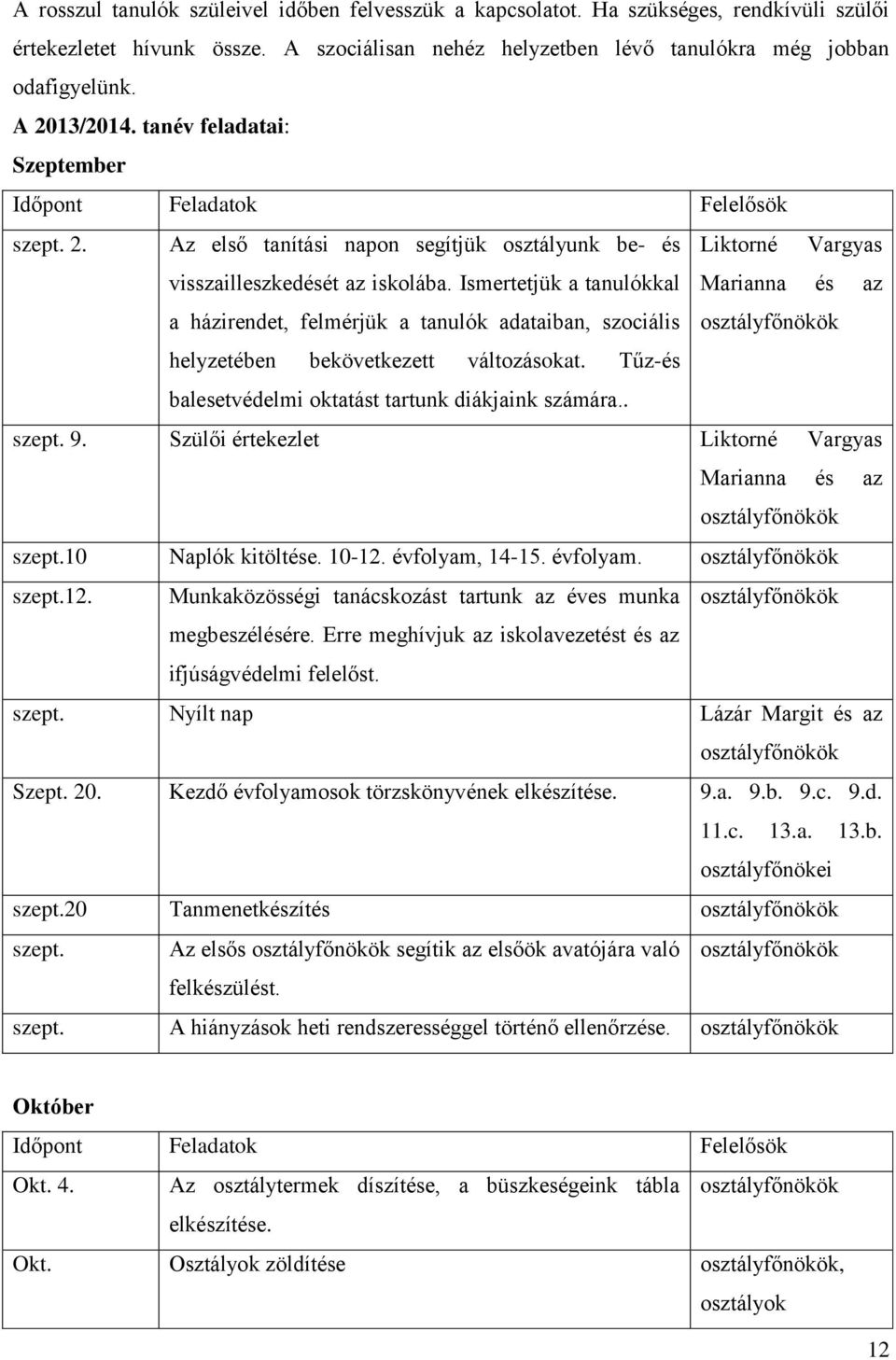 Ismertetjük a tanulókkal Marianna és az a házirendet, felmérjük a tanulók adataiban, szociális osztályfőnökök helyzetében bekövetkezett változásokat.