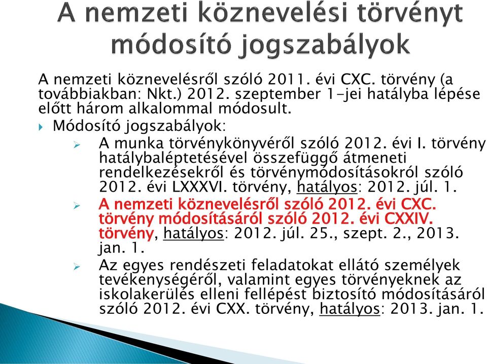 évi LXXXVI. törvény, hatályos: 2012. júl. 1. A nemzeti köznevelésről szóló 2012. évi CXC. törvény módosításáról szóló 2012. évi CXXIV. törvény, hatályos: 2012. júl. 25., szept. 2., 2013.