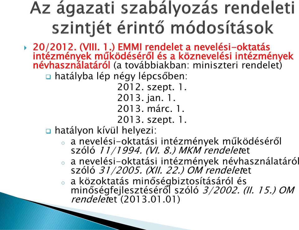 rendelet) hatályba lép négy lépcsőben: 2012. szept. 1. 2013. jan. 1. 2013. márc. 1. 2013. szept. 1. hatályon kívül helyezi: o a nevelési-oktatási intézmények működéséről szóló 11/1994.