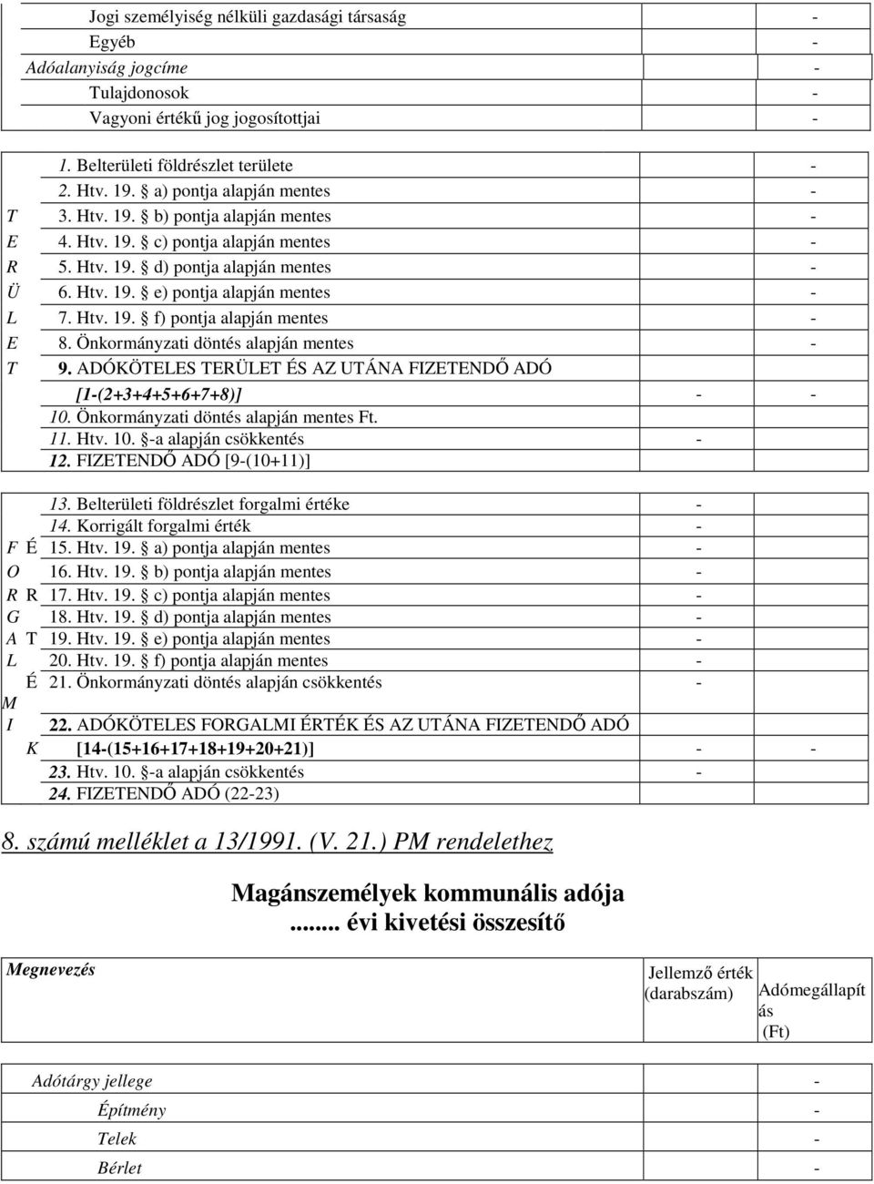 Önkormányzati döntés alapján mentes - T 9. ADÓKÖTELES TERÜLET ÉS AZ UTÁNA FIZETENDŐ ADÓ [1-(2+3+4+5+6+7+8)] - - 10. Önkormányzati döntés alapján mentes Ft. 11. Htv. 10. -a alapján csökkentés - 12.