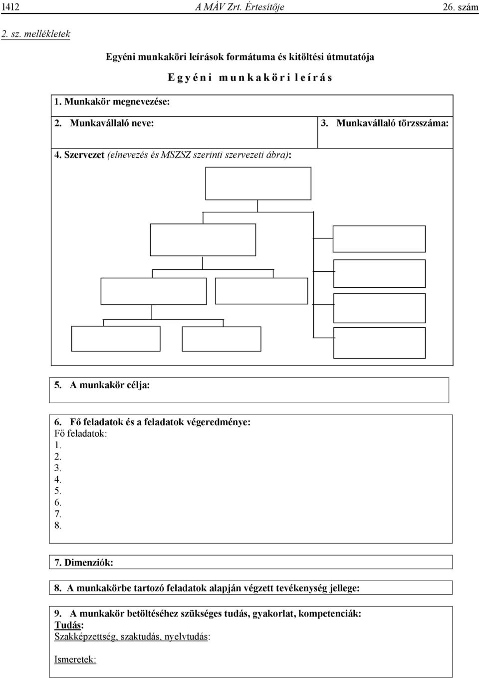 A munkakör célja: 6. F feladatok és a feladatok végeredménye: F feladatok: 1. 2. 3. 4. 5. 6. 7. 8. 7. Dimenziók: 8.