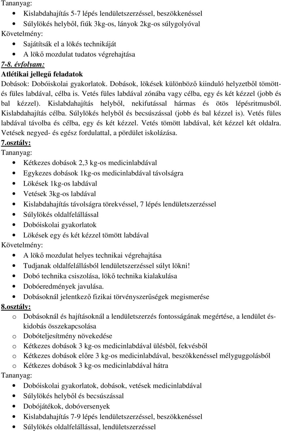 Vetés füles labdával zónába vagy célba, egy és két kézzel (jobb és bal kézzel). Kislabdahajítás helyből, nekifutással hármas és ötös lépésritmusból. Kislabdahajítás célba.