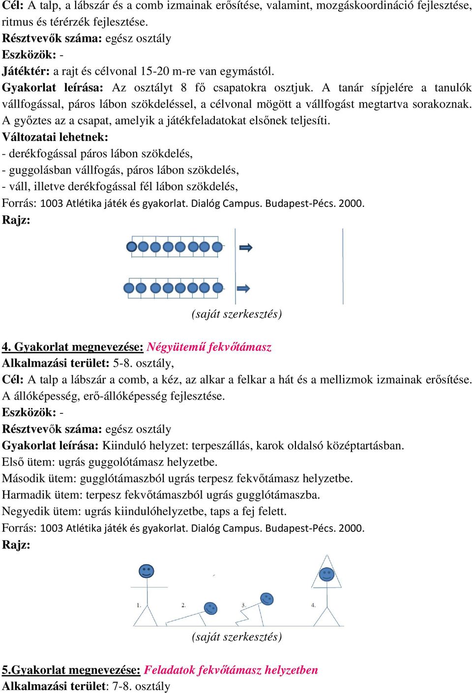 A tanár sípjelére a tanulók vállfogással, páros lábon szökdeléssel, a célvonal mögött a vállfogást lfogást megtartva sorakoznak. A győztes az a csapat, amelyik a játékfeladatokat elsőnek teljesíti.