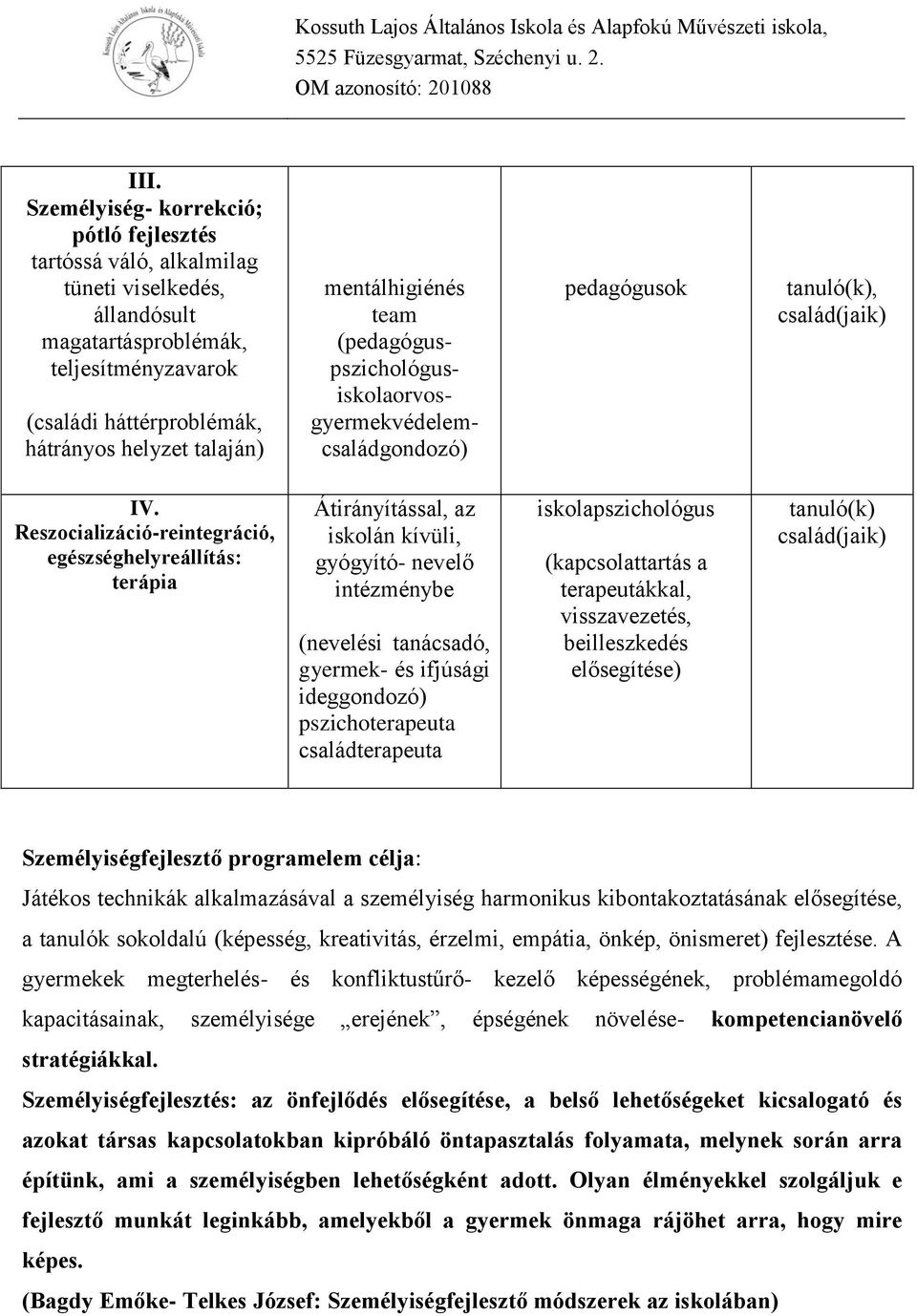 Reszocializáció-reintegráció, egészséghelyreállítás: terápia Átirányítással, az iskolán kívüli, gyógyító- nevelő intézménybe (nevelési tanácsadó, gyermek- és ifjúsági ideggondozó) pszichoterapeuta