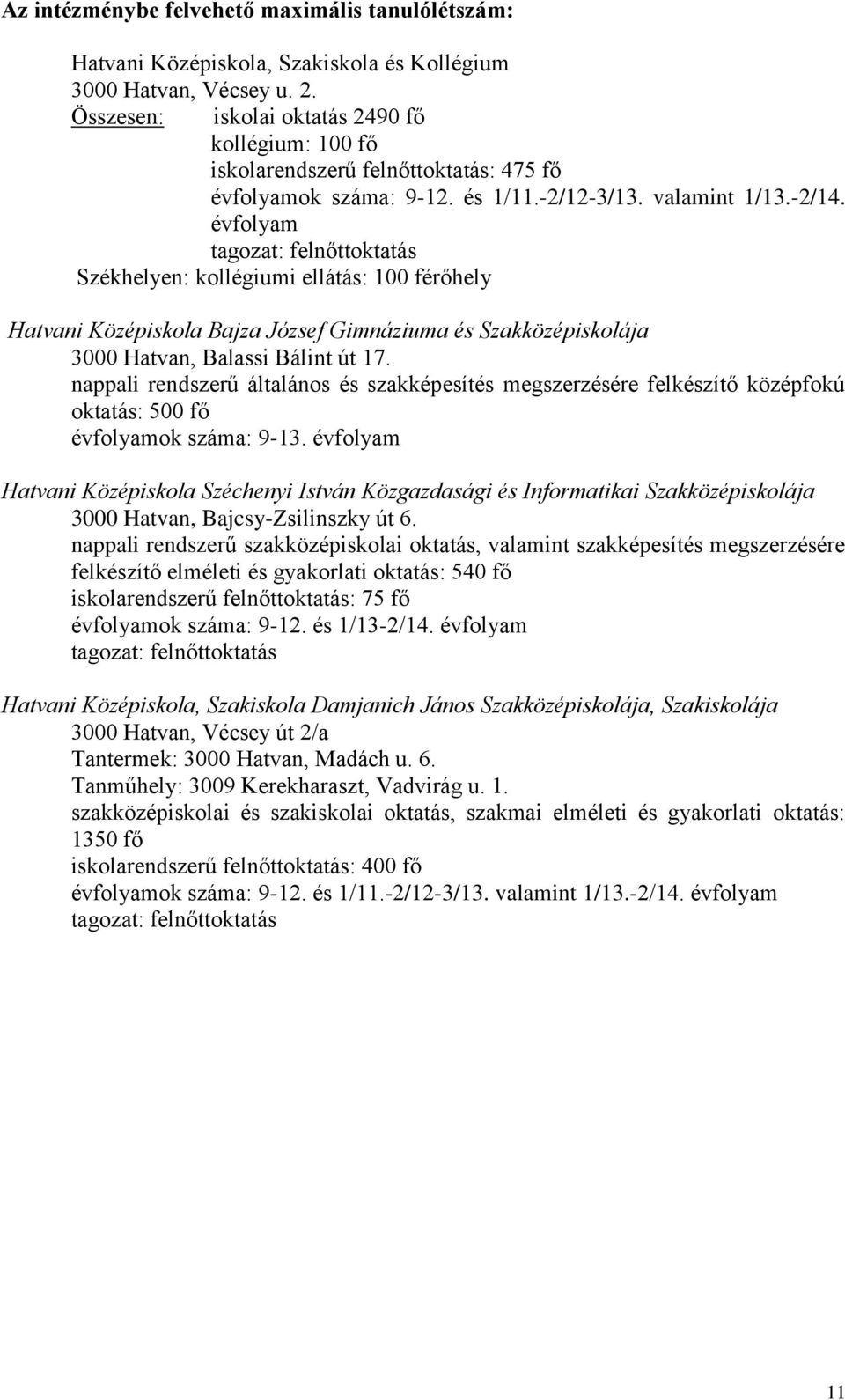 évfolyam tagozat: felnőttoktatás Székhelyen: kollégiumi ellátás: 00 férőhely Hatvani Középiskola Bajza József Gimnáziuma és Szakközépiskolája 3000 Hatvan, Balassi Bálint út 7.