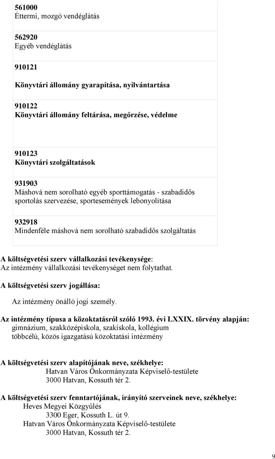 vállalkozási tevékenysége: Az intézmény vállalkozási tevékenységet nem folytathat. A költségvetési szerv jogállása: Az intézmény önálló jogi személy. Az intézmény típusa a közoktatásról szóló 993.