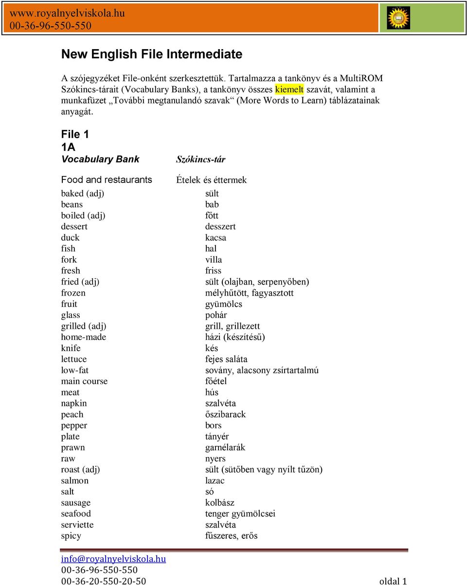 File 1 1A Vocabulary Bank Food and restaurants baked (adj) beans boiled (adj) dessert duck fish fork fresh fried (adj) frozen fruit glass grilled (adj) home-made knife lettuce low-fat main course