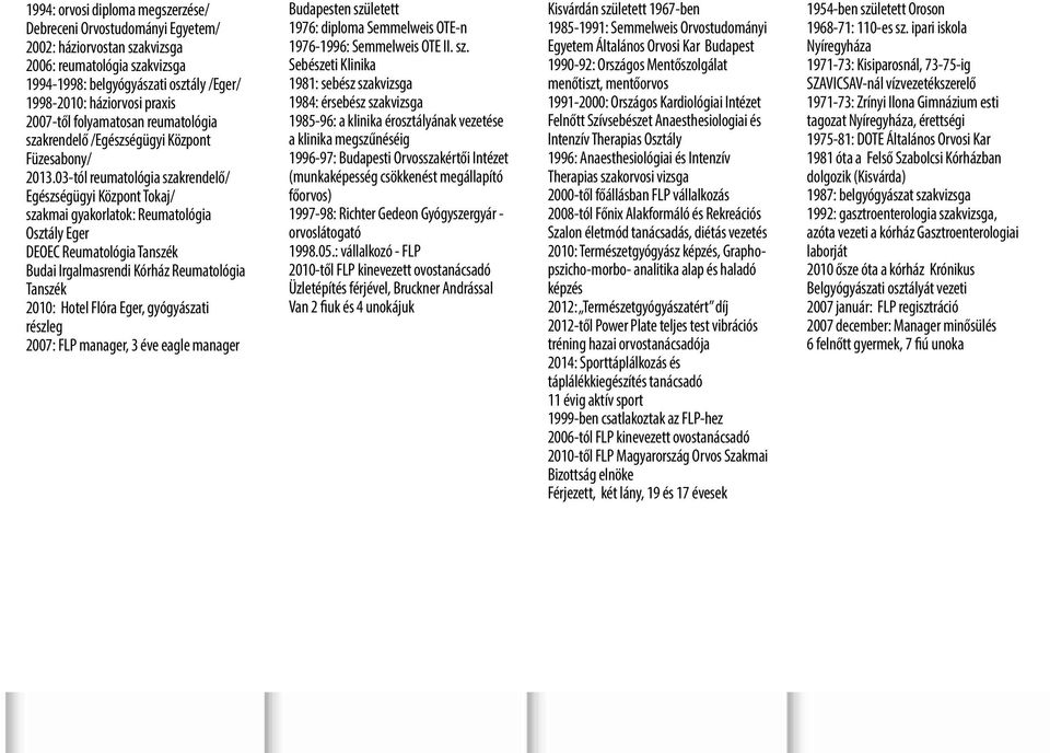 háziorvosi praxis 2007-től folyamatosan reumatológia szakrendelő /Egészségügyi Központ Füzesabony/ 2013.