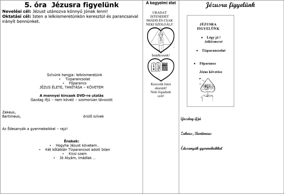 Szívünk hangja: lelkiismeretünk Tízparancsolat Főparancs JÉZUS ÉLETE, TANÍTÁSA KÖVETEM A mennyei kincsek DVD-re utalás Gazdag ifjú nem követi szomorúan távozott