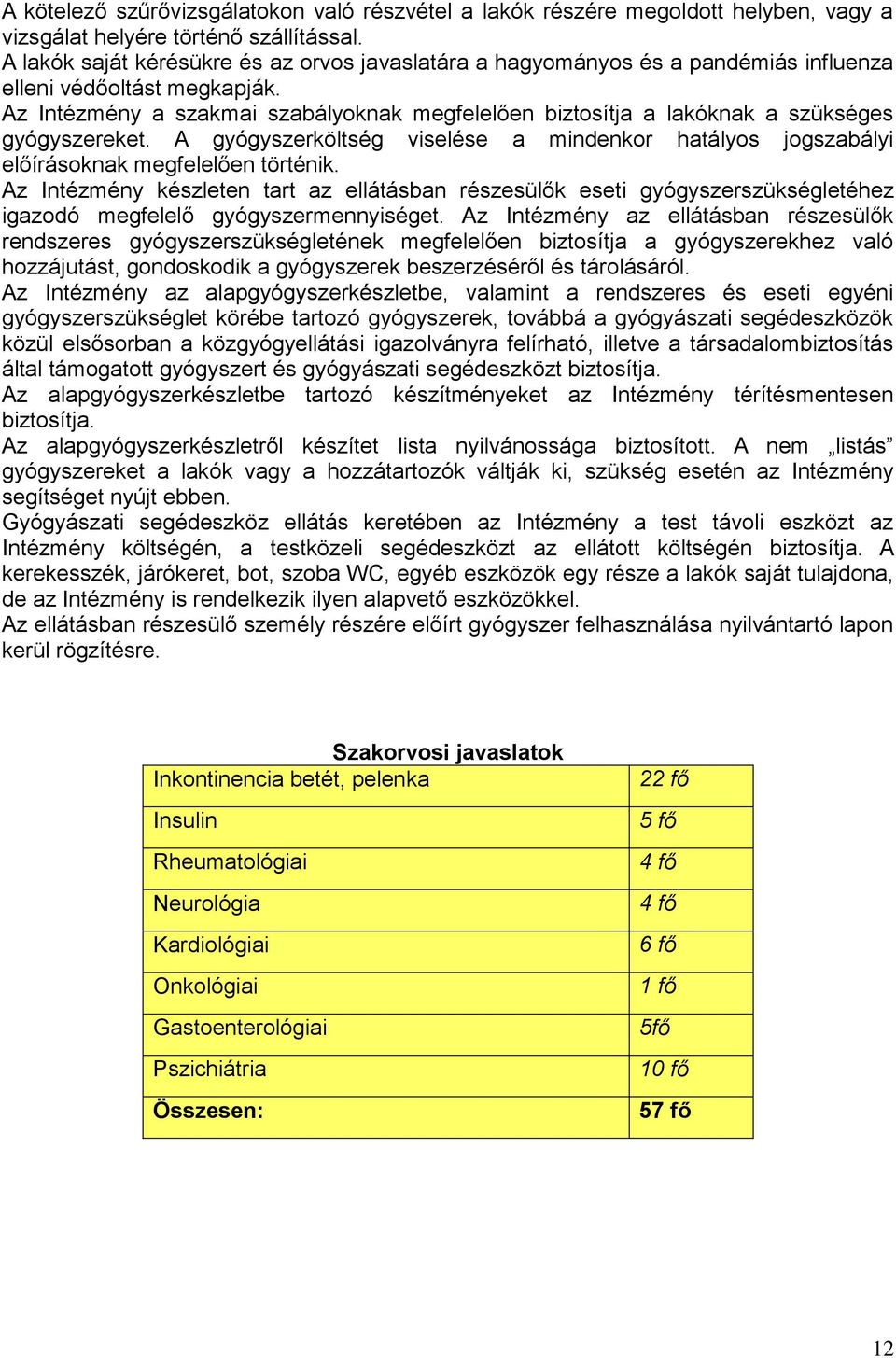 Az Intézmény a szakmai szabályoknak megfelelően biztosítja a lakóknak a szükséges gyógyszereket. A gyógyszerköltség viselése a mindenkor hatályos jogszabályi előírásoknak megfelelően történik.