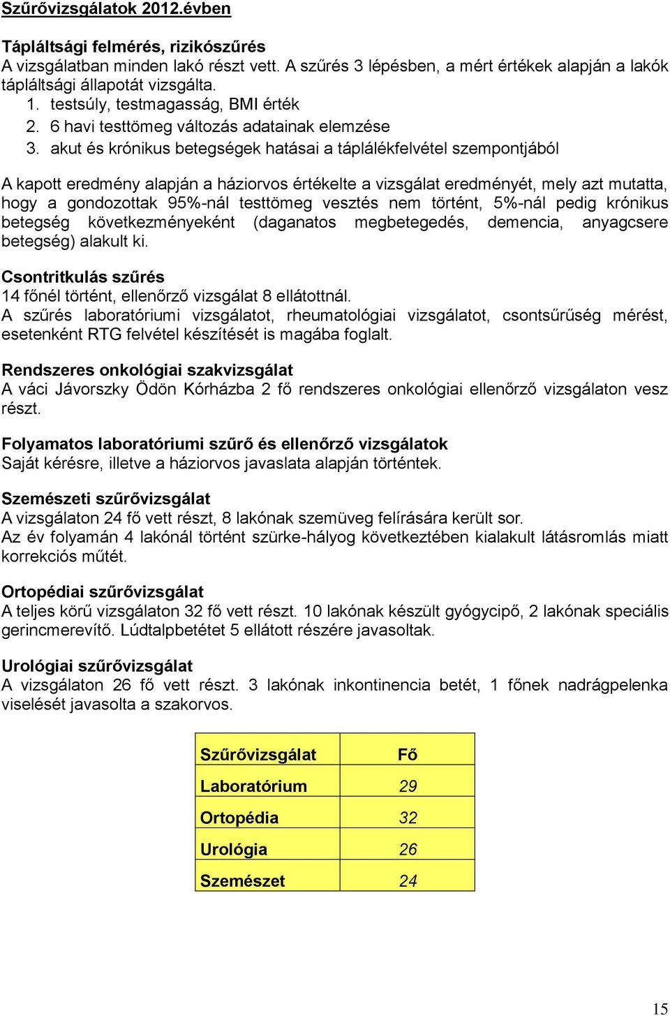 akut és krónikus betegségek hatásai a táplálékfelvétel szempontjából A kapott eredmény alapján a háziorvos értékelte a vizsgálat eredményét, mely azt mutatta, hogy a gondozottak 95%-nál testtömeg