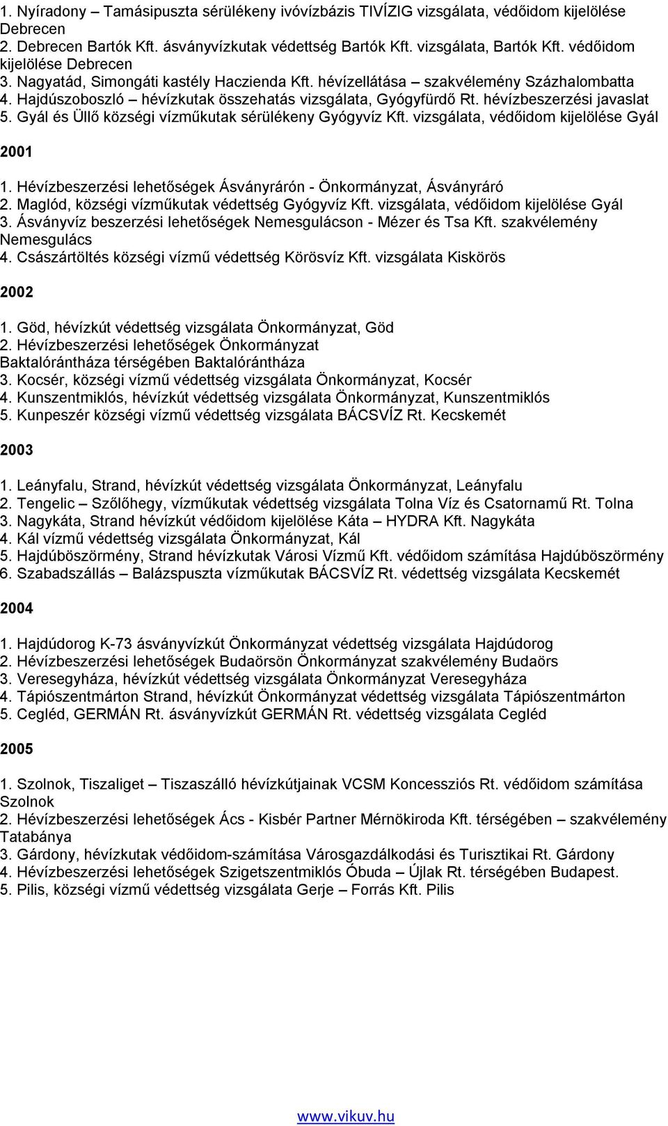 hévízbeszerzési javaslat 5. Gyál és Üllő községi vízműkutak sérülékeny Gyógyvíz Kft. vizsgálata, védőidom kijelölése Gyál 1. Hévízbeszerzési lehetőségek Ásványrárón - Önkormányzat, Ásványráró 2.