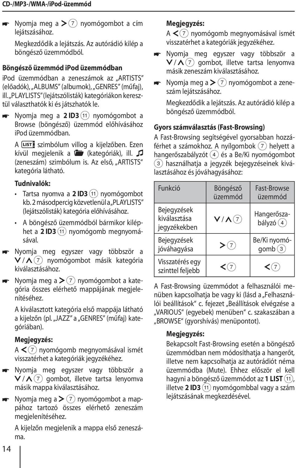 PLAYLISTS (lejátszólisták) kategóriákon keresztül választhatók ki és játszhatók le. Nyomja meg a 2 ID3 ; nyomógombot a Browse (böngésző) üzemmód előhívásához ipod üzemmódban.