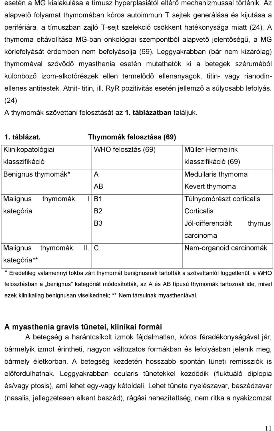 A thymoma eltávolítása MG-ban onkológiai szempontból alapvető jelentőségű, a MG kórlefolyását érdemben nem befolyásolja (69).