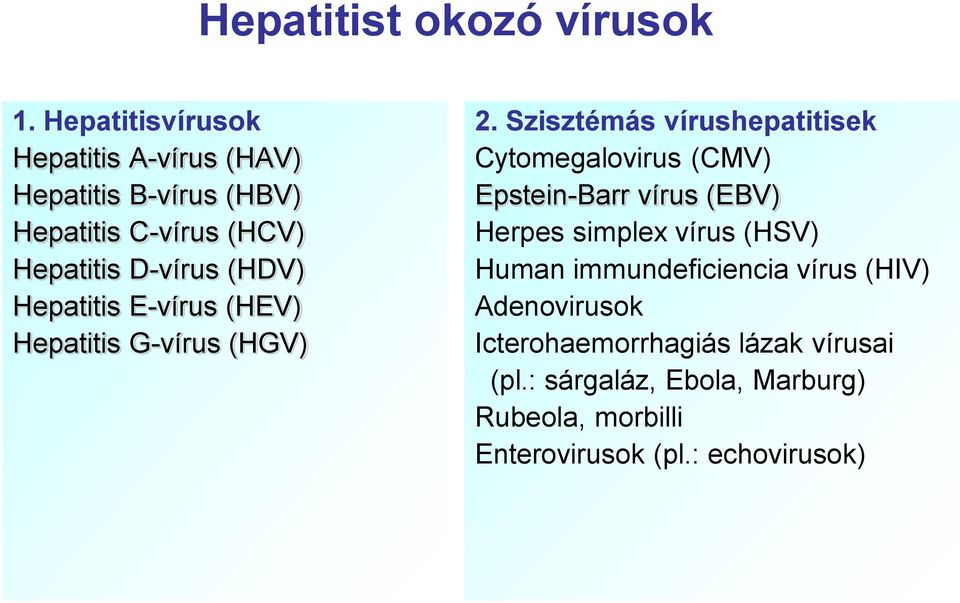 Hepatitis E-vírus (HEV) Hepatitis G-vírus (HGV) 2.
