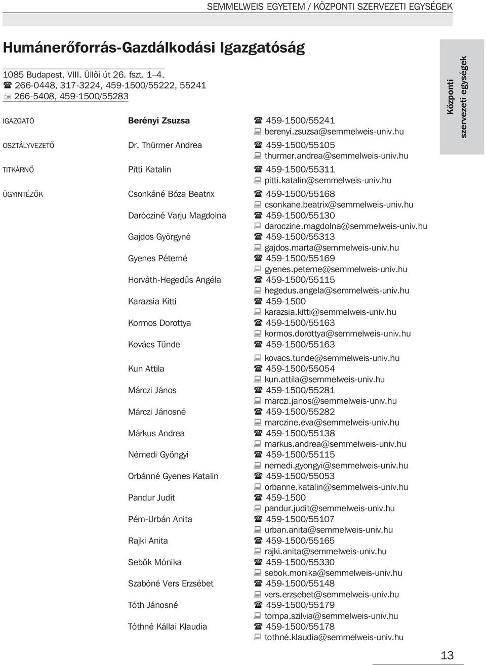 hu ÜGYINTÉZÕK Csonkáné Bóza Beatrix 459-1500/55168 csonkane.beatrix@semmelweis-univ.hu Darócziné Varju Magdolna 459-1500/55130 daroczine.magdolna@semmelweis-univ.