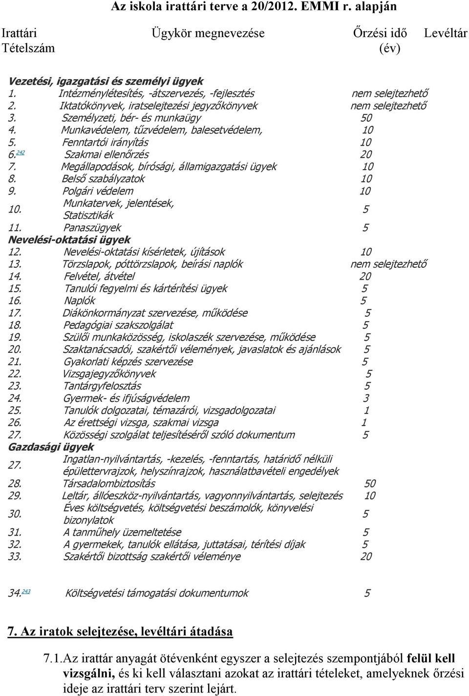 Munkavédelem, tűzvédelem, balesetvédelem, 10 5. Fenntartói irányítás 10 6. 242 Szakmai ellenőrzés 20 7. Megállapodások, bírósági, államigazgatási ügyek 10 8. Belső szabályzatok 10 9.