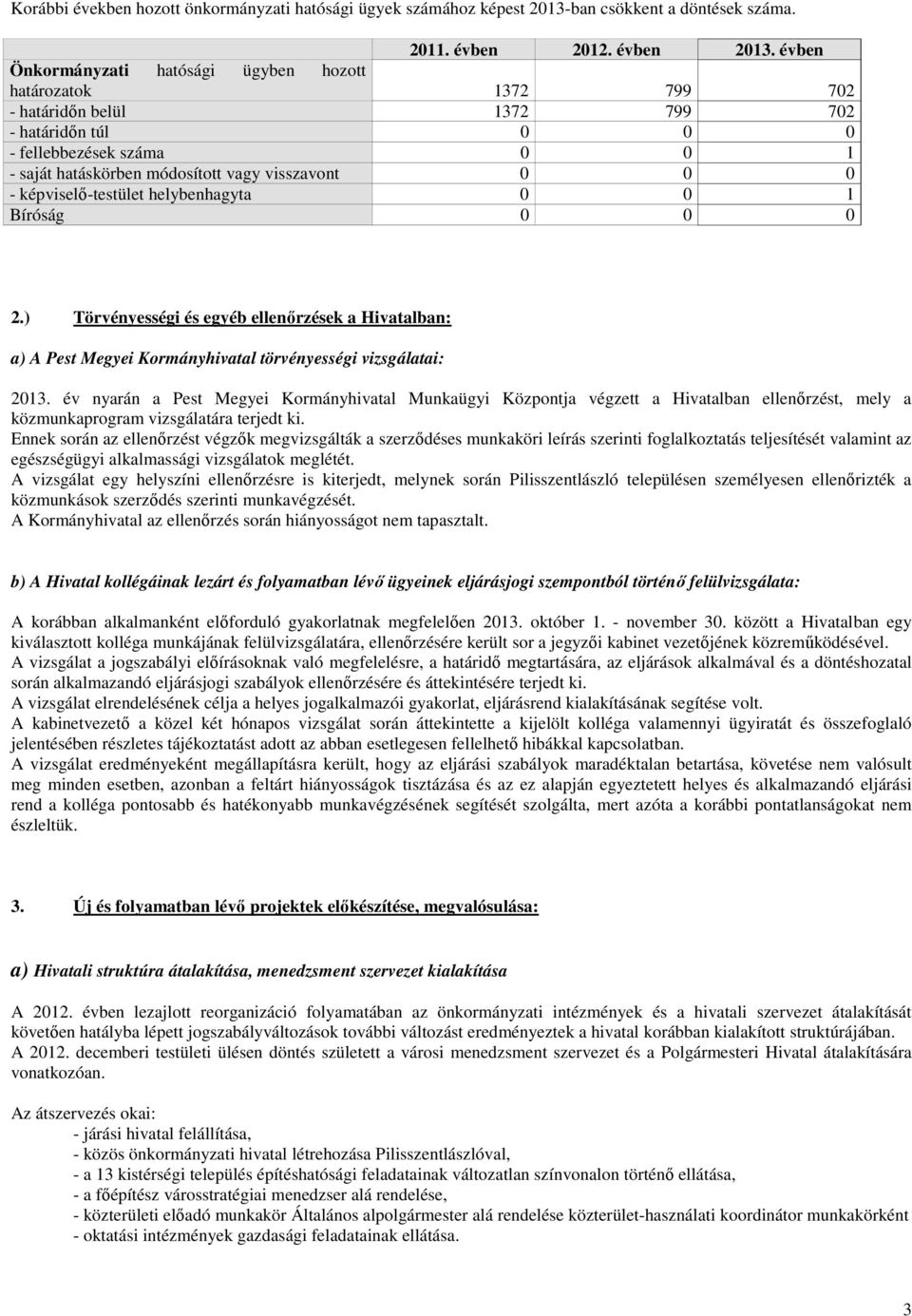 0 - képviselő-testület helybenhagyta 0 0 1 Bíróság 0 0 0 2.) Törvényességi és egyéb ellenőrzések a Hivatalban: a) A Pest Megyei Kormányhivatal törvényességi vizsgálatai: 2013.