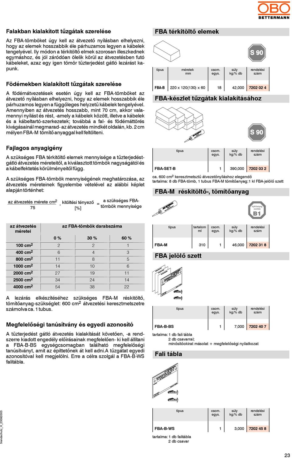 méretek mm Födémekben kialakított tűzgátak szerelése A födémátvezetések esetén úgy kell az FBA-tömböket az átvezető nyílásban elhelyezni, hogy az elemek hosszabbik éle párhuzamos legyen a függőleges