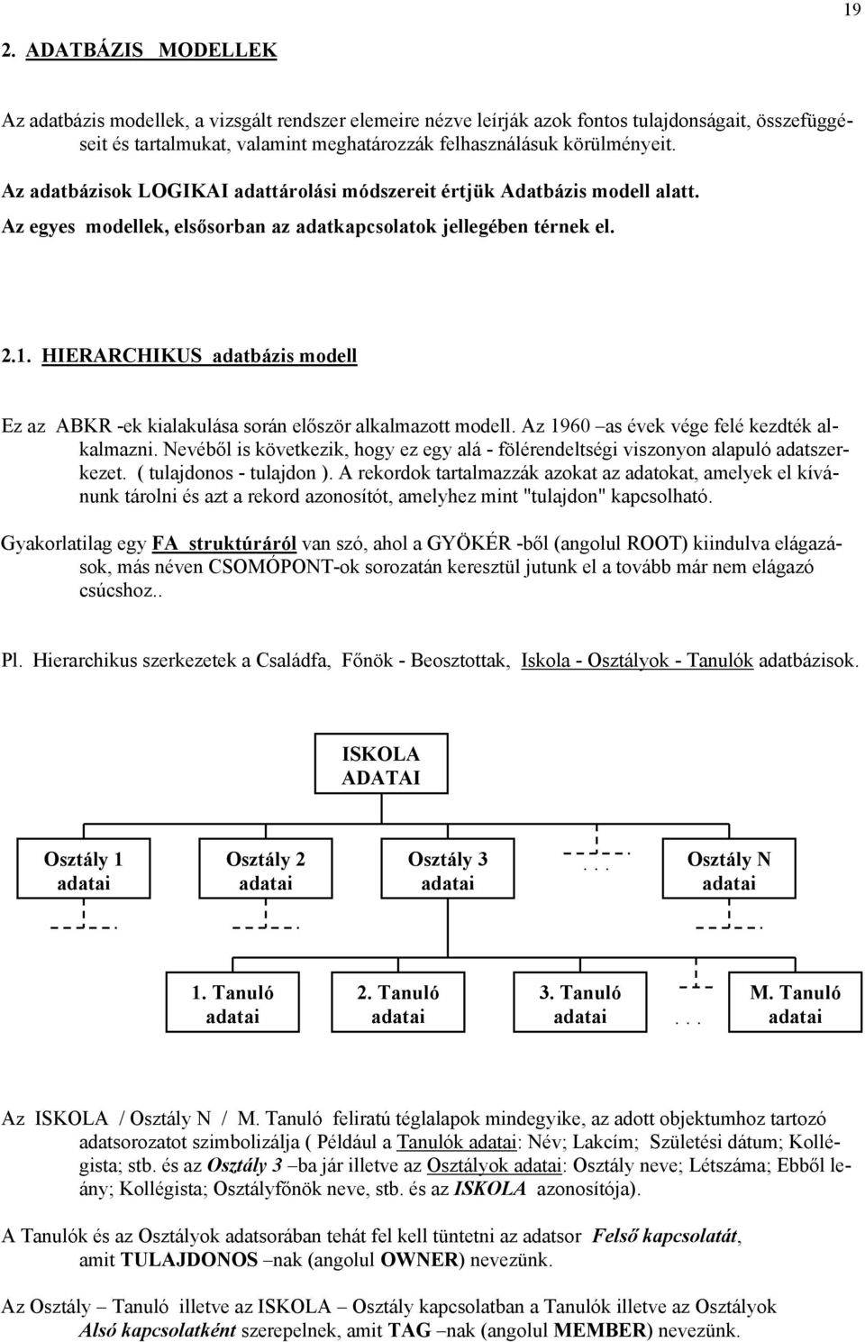 HIERARCHIKUS adatbázis modell Ez az ABKR -ek kialakulása során először alkalmazott modell. Az 1960 as évek vége felé kezdték alkalmazni.