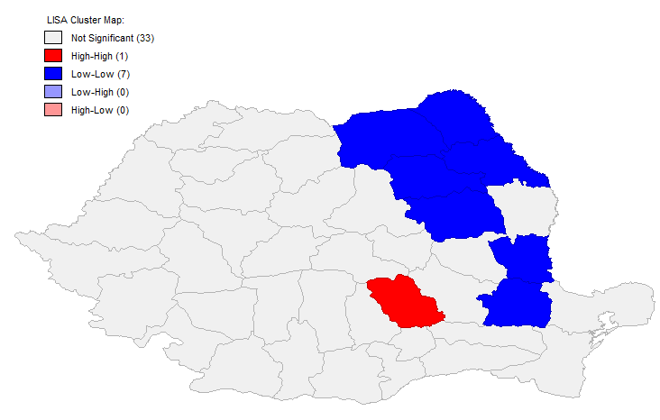 Local-Moran klaszterek - Románia k nearest 5 method