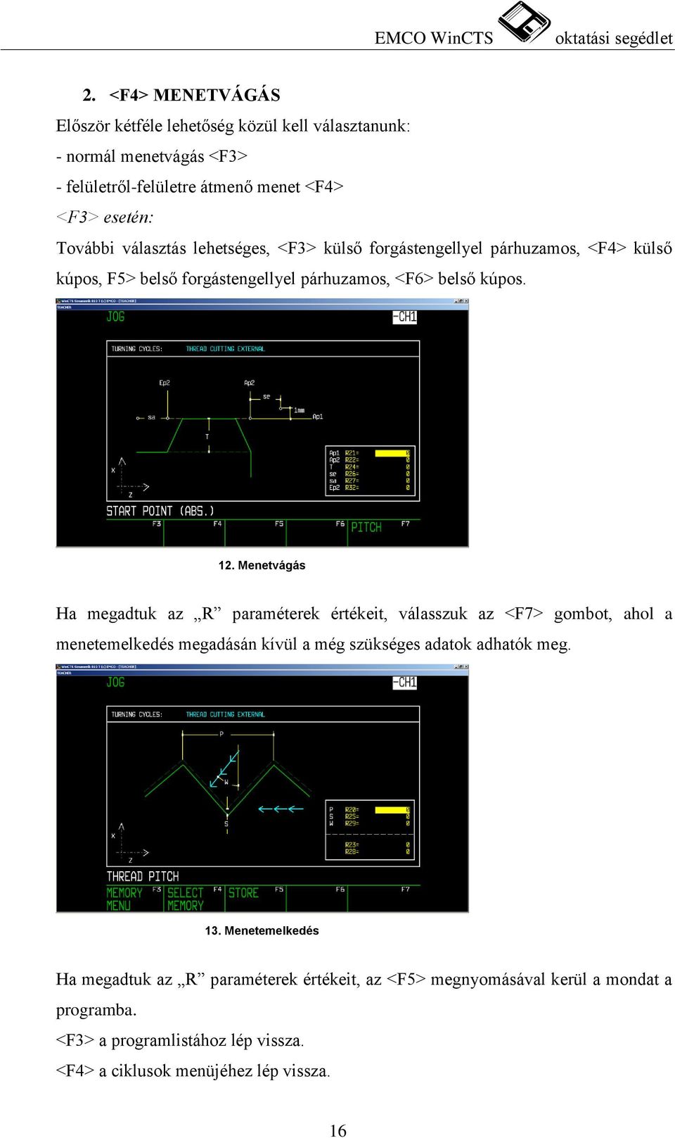Menetvágás Ha megadtuk az R paraméterek értékeit, válasszuk az <F7> gombot, ahol a menetemelkedés megadásán kívül a még szükséges adatok adhatók meg. 13.