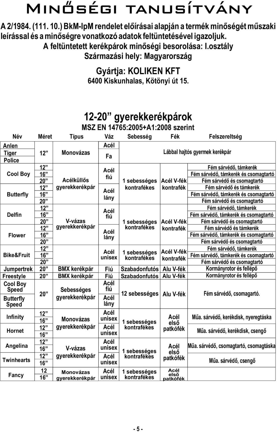 MSZ EN 14765:2005+A1:2008 szerint Név Méret Típus Váz Sebesség Fék Felszereltség 12 Monovázas Fa Lábbal hajtós gyermek Anlen Tiger Police Cool Boy Butterfly Delfin Flower Bike&Fruit Jumpertrek