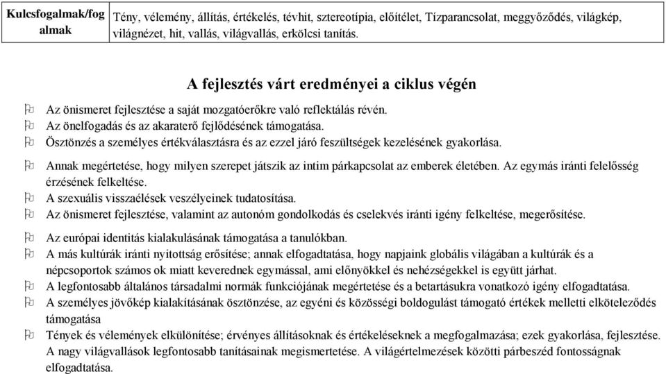 Ösztönzés a személyes értékválasztásra és az ezzel járó feszültségek kezelésének gyakorlása. Annak megértetése, hogy milyen szerepet játszik az intim párkapcsolat az emberek életében.