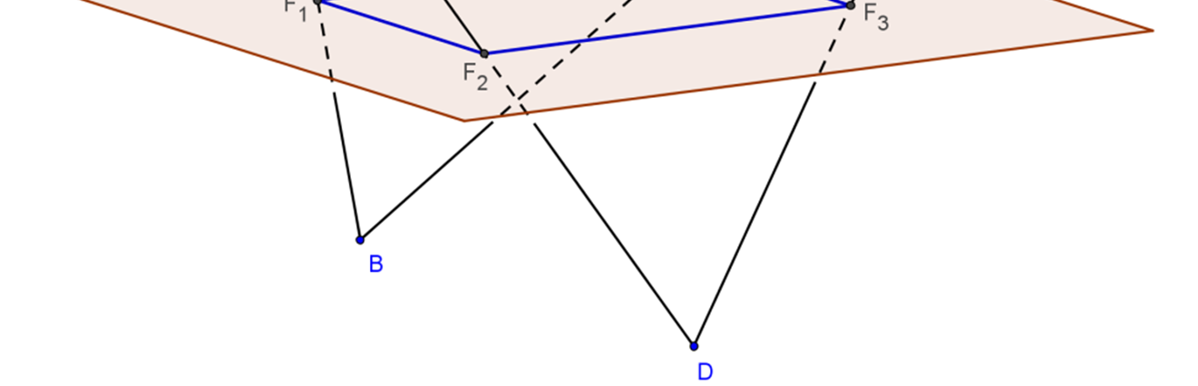 31. Adott a térben négy pont: A, B, C. D. Határozzuk meg az S síkot úgy, hogy A és C a sík egyik oldalán, B és D a sík másik oldalán legyenek, és a négy pont S-től egyenlő távolságra legyen.